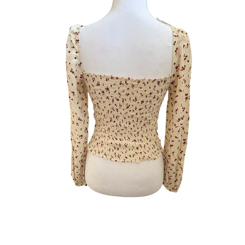 Reformation Floral‎ Sweetheart Long Smocked Top Cream 4 Coquette Corset top